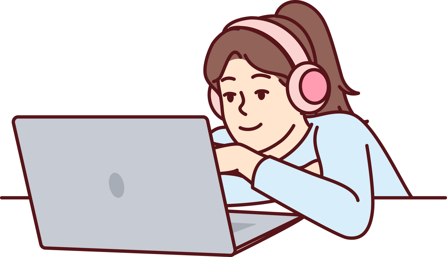 Little girl in headphones uses laptop watching children series or internet show for schoolchildren